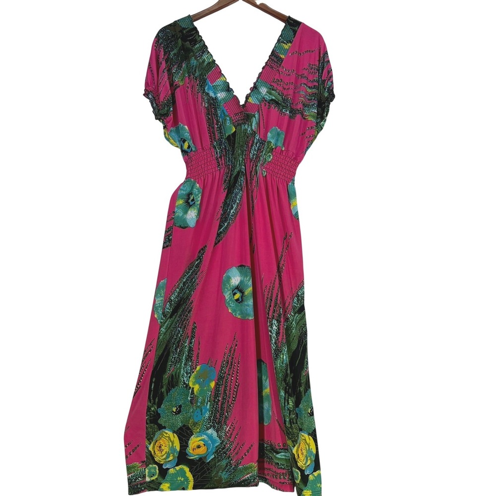 Pink Tropical Floral V-Neck Smocked Waist Midi Dress Size XL